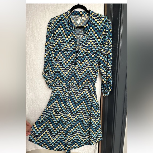 tacera women green Zig Zag Print button up shirt dress size L - Picture 3 of 16